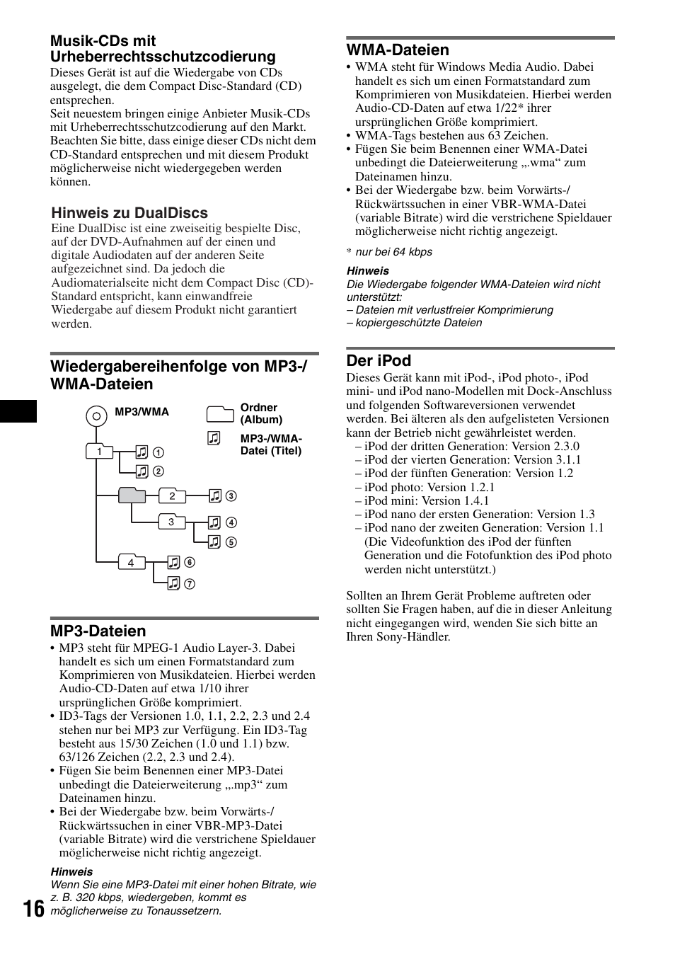 Wiedergabereihenfolge von mp3-/ wma-dateien, Mp3-dateien, Wma-dateien | Der ipod | Sony CDX-GT44IP User Manual | Page 34 / 100