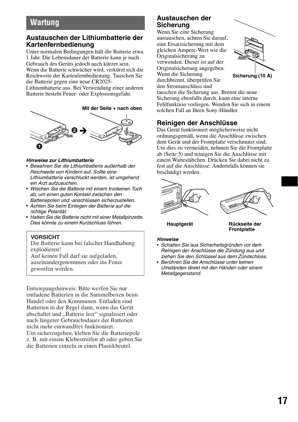 Wartung | Sony CDX-GT44IP User Manual | Page 35 / 100