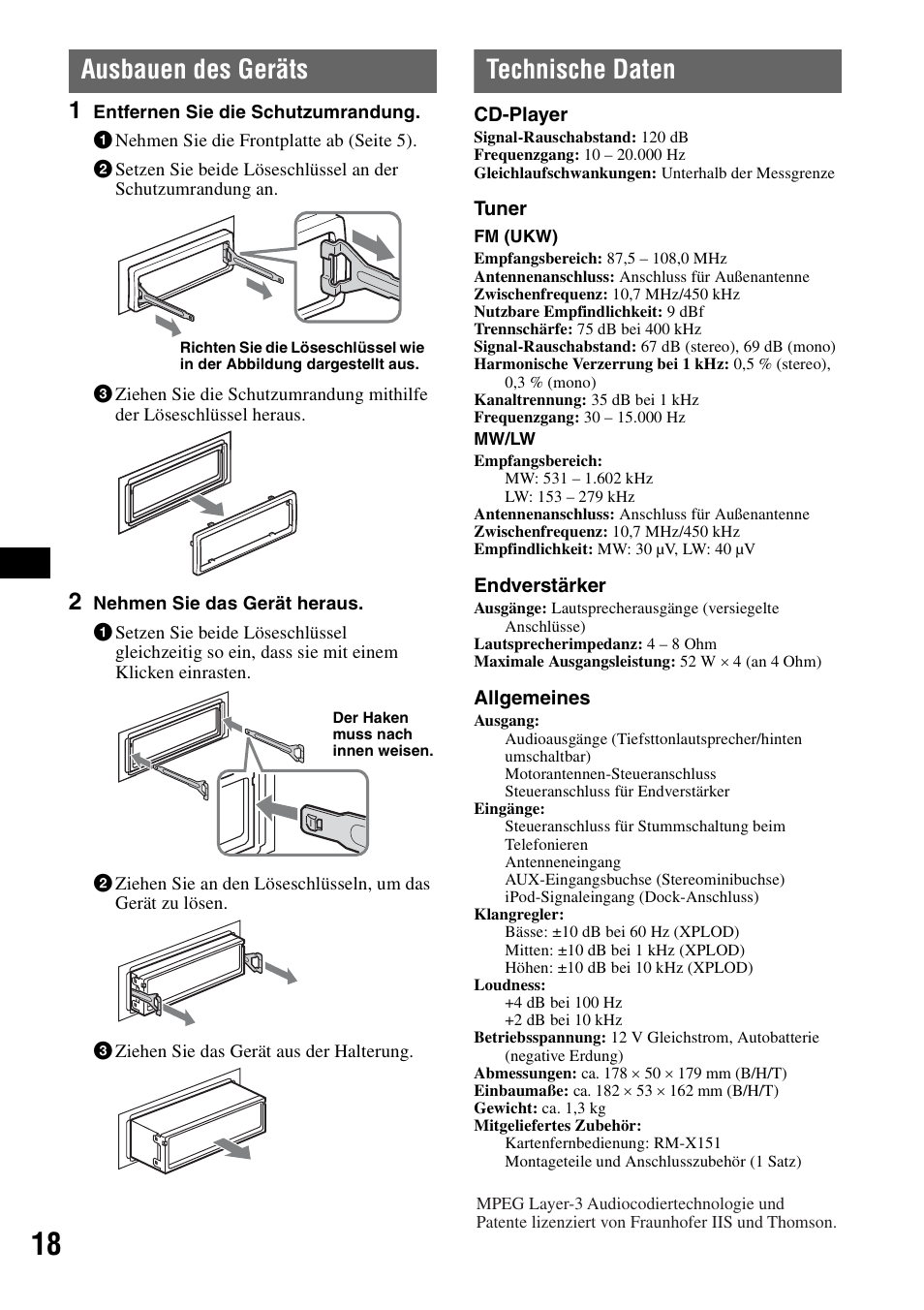 Ausbauen des geräts, Technische daten, Ausbauen des geräts technische daten | Sony CDX-GT44IP User Manual | Page 36 / 100