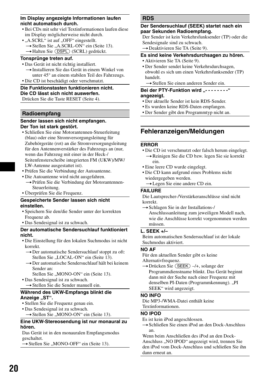 Fehleranzeigen/meldungen | Sony CDX-GT44IP User Manual | Page 38 / 100