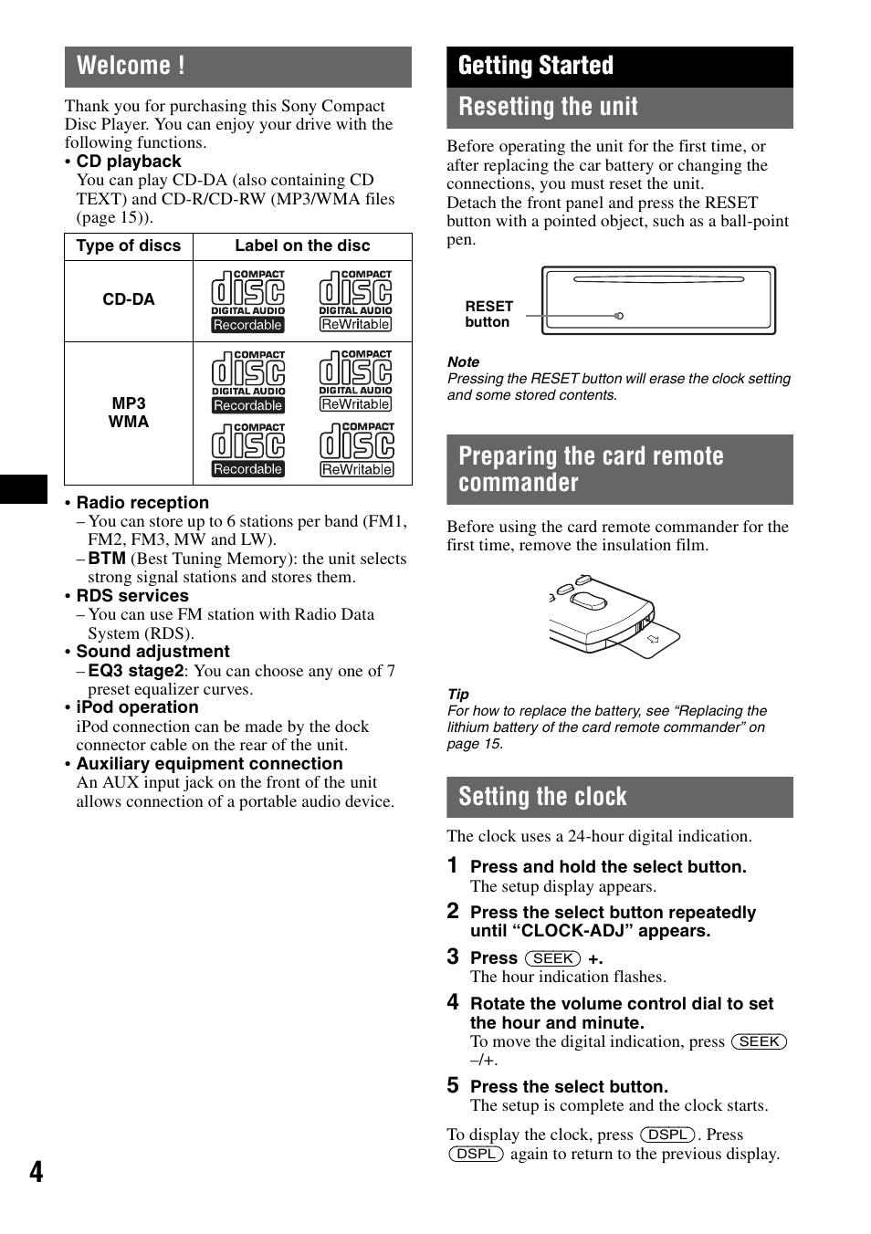 Welcome, Getting started, Resetting the unit | Preparing the card remote commander, Setting the clock, Getting started resetting the unit | Sony CDX-GT44IP User Manual | Page 4 / 100