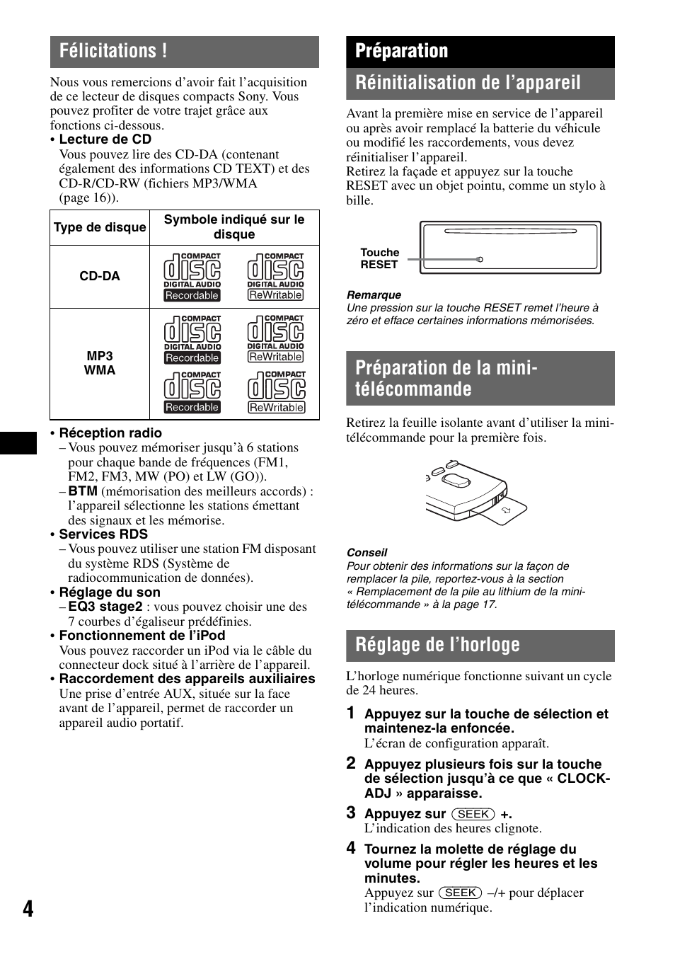 Félicitations, Préparation, Réinitialisation de l’appareil | Préparation de la mini- télécommande, Réglage de l’horloge, Préparation réinitialisation de l’appareil | Sony CDX-GT44IP User Manual | Page 42 / 100