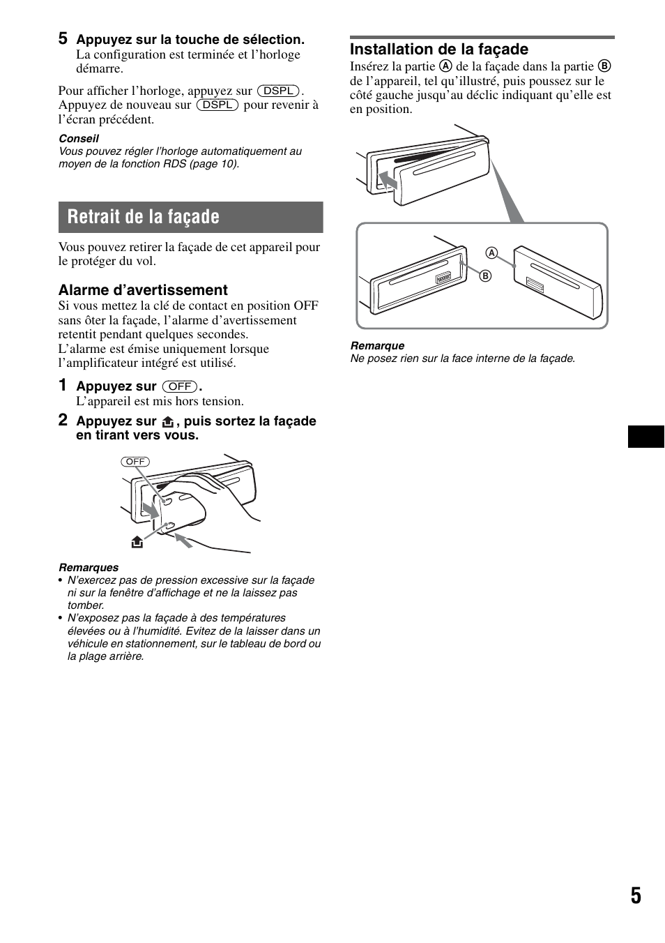 Retrait de la façade, Installation de la façade | Sony CDX-GT44IP User Manual | Page 43 / 100