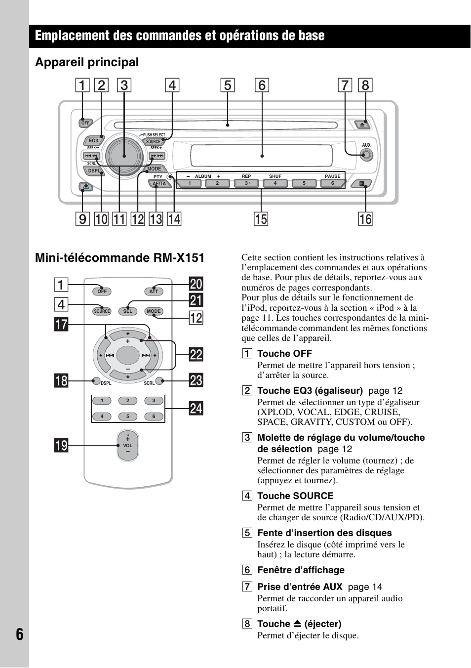 Emplacement des commandes et opérations de base, Appareil principal, Mini-télécommande rm-x151 | Appareil principal mini-télécommande rm-x151, 4wa qs 1 wd qj qk w; ql wf ws | Sony CDX-GT44IP User Manual | Page 44 / 100