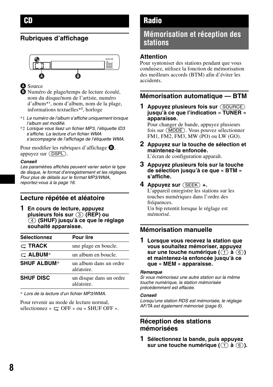 Rubriques d’affichage, Lecture répétée et aléatoire, Radio | Mémorisation et réception des stations, Mémorisation automatique - btm, Mémorisation manuelle, Réception des stations mémorisées, Rubriques d’affichage lecture répétée et aléatoire, Radio mémorisation et réception des stations | Sony CDX-GT44IP User Manual | Page 46 / 100