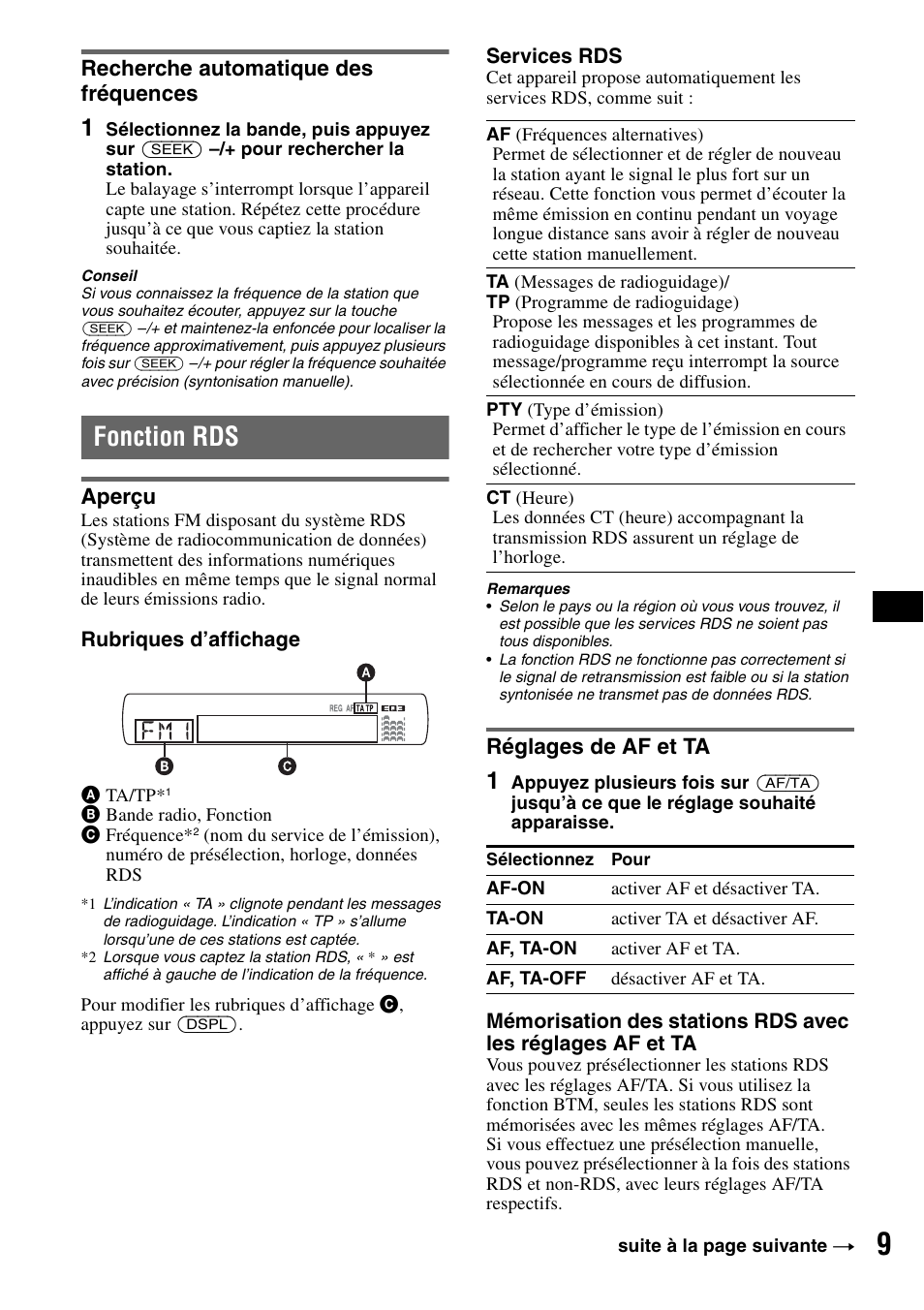 Recherche automatique des fréquences, Fonction rds, Aperçu | Réglages de af et ta, Aperçu réglages de af et ta | Sony CDX-GT44IP User Manual | Page 47 / 100