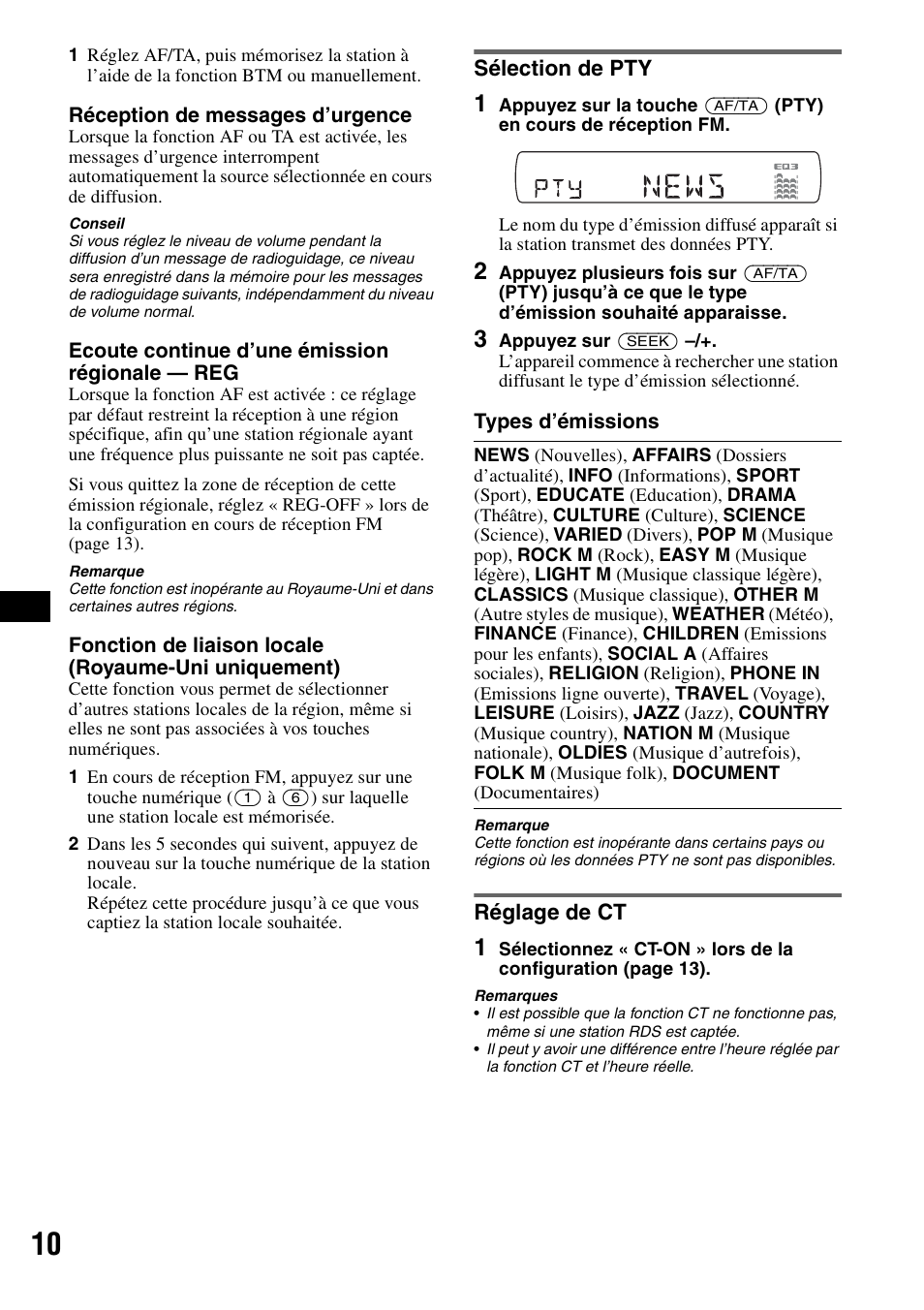 Sélection de pty, Réglage de ct, Sélection de pty réglage de ct | Sony CDX-GT44IP User Manual | Page 48 / 100