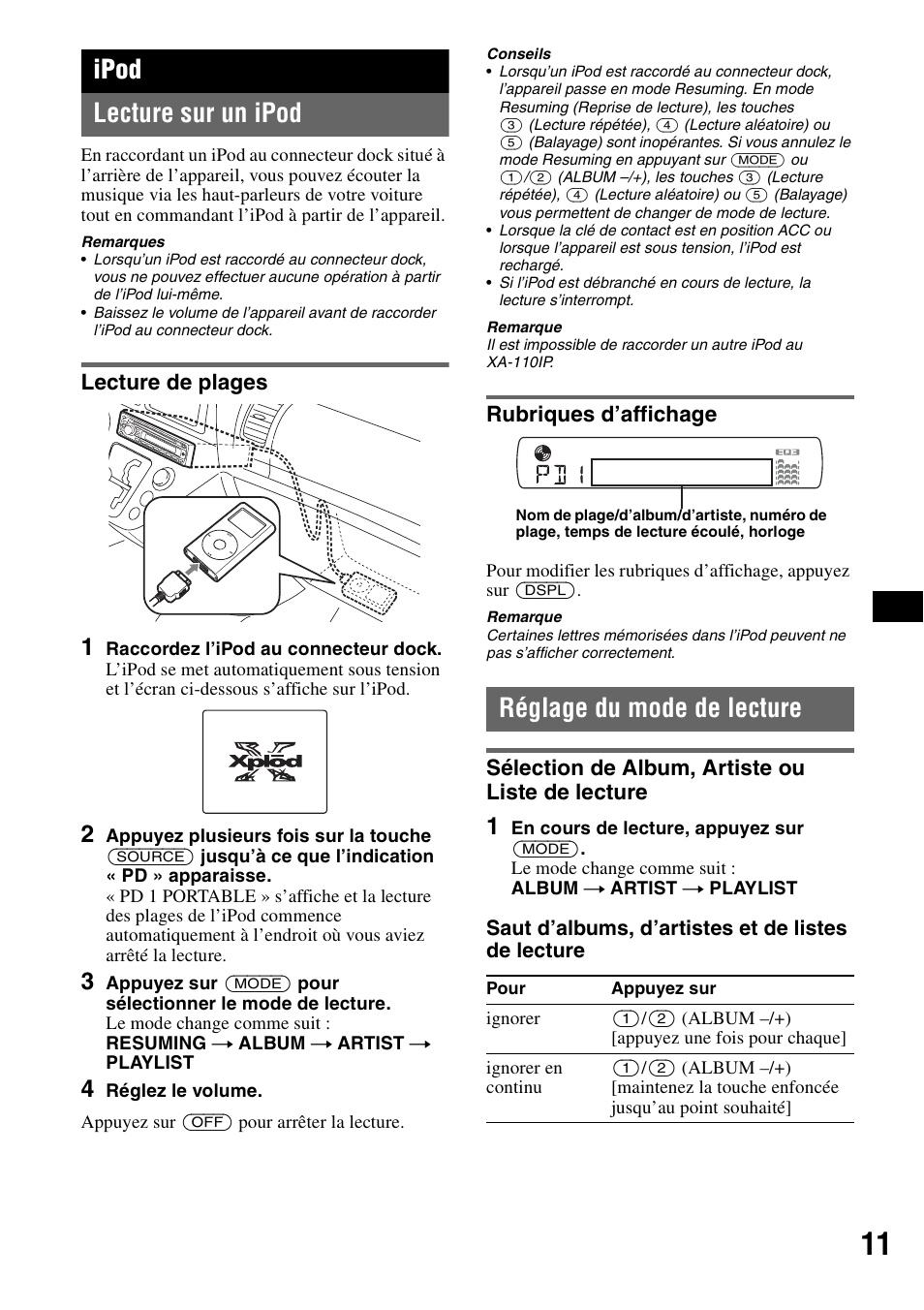 Ipod, Lecture sur un ipod, Lecture de plages | Rubriques d’affichage, Réglage du mode de lecture, Sélection de album, artiste ou liste de lecture, Lecture de plages rubriques d’affichage, Sélection de album, artiste ou liste de, Lecture, Ipod lecture sur un ipod | Sony CDX-GT44IP User Manual | Page 49 / 100