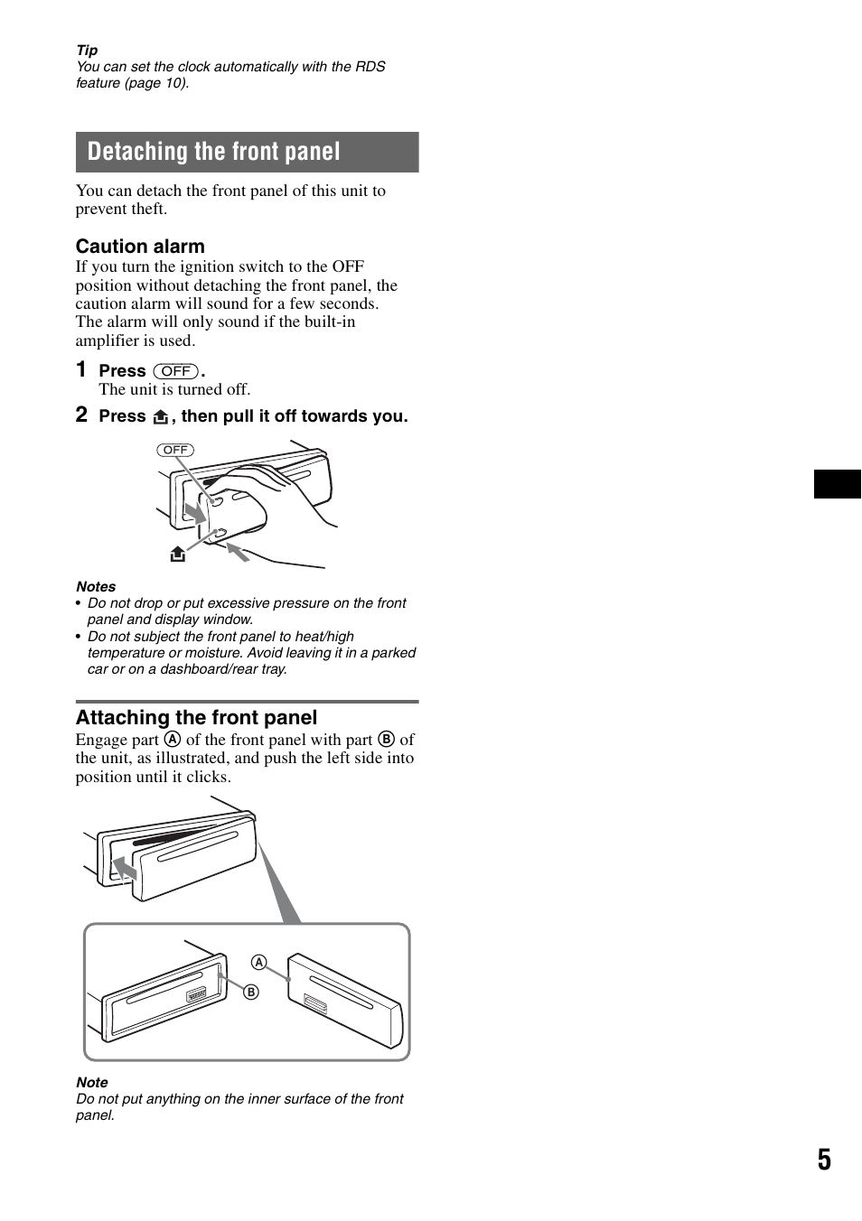 Detaching the front panel, Attaching the front panel | Sony CDX-GT44IP User Manual | Page 5 / 100