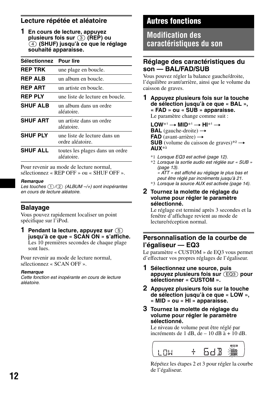 Lecture répétée et aléatoire, Balayage, Autres fonctions | Modification des caractéristiques du son, Réglage des caractéristiques du son - bal/fad/sub, Personnalisation de la courbe de l’égaliseur - eq3, Lecture répétée et aléatoire balayage, Réglage des caractéristiques du son | Sony CDX-GT44IP User Manual | Page 50 / 100