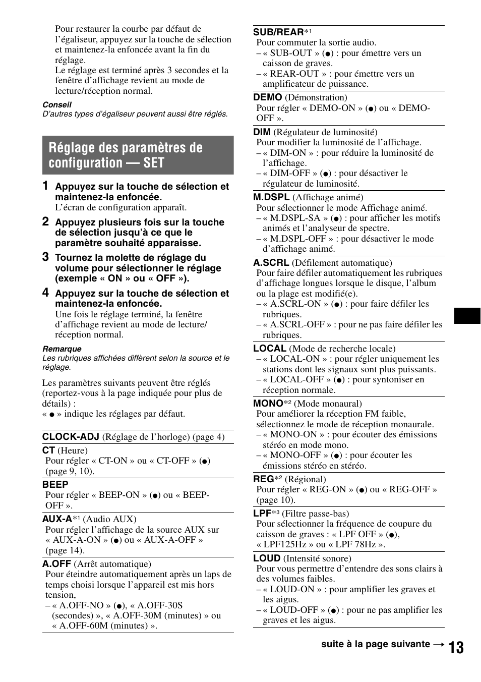 Réglage des paramètres de configuration - set, Réglage des paramètres de configuration, Réglage des paramètres de configuration — set | Sony CDX-GT44IP User Manual | Page 51 / 100