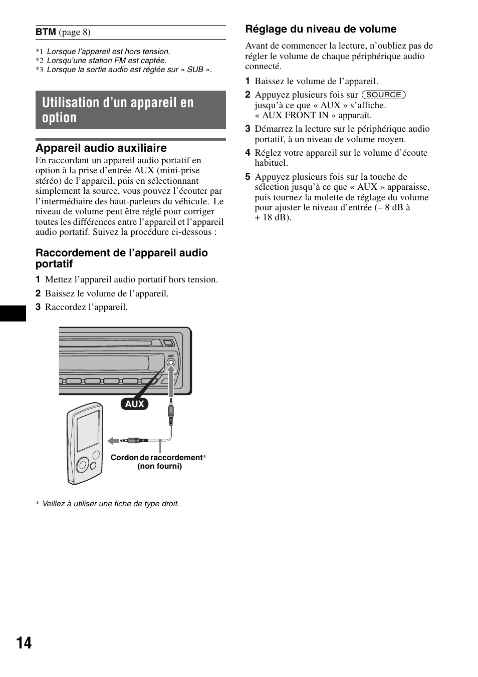 Utilisation d’un appareil en option, Appareil audio auxiliaire | Sony CDX-GT44IP User Manual | Page 52 / 100