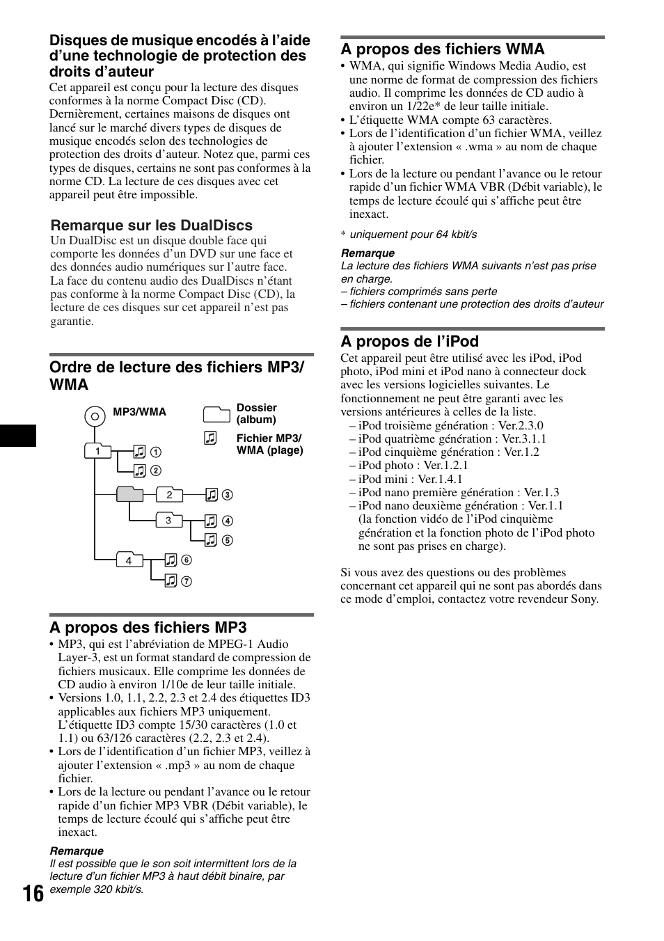 Ordre de lecture des fichiers mp3/ wma, A propos des fichiers mp3, A propos des fichiers wma | A propos de l’ipod, Ordre de lecture des fichiers | Sony CDX-GT44IP User Manual | Page 54 / 100