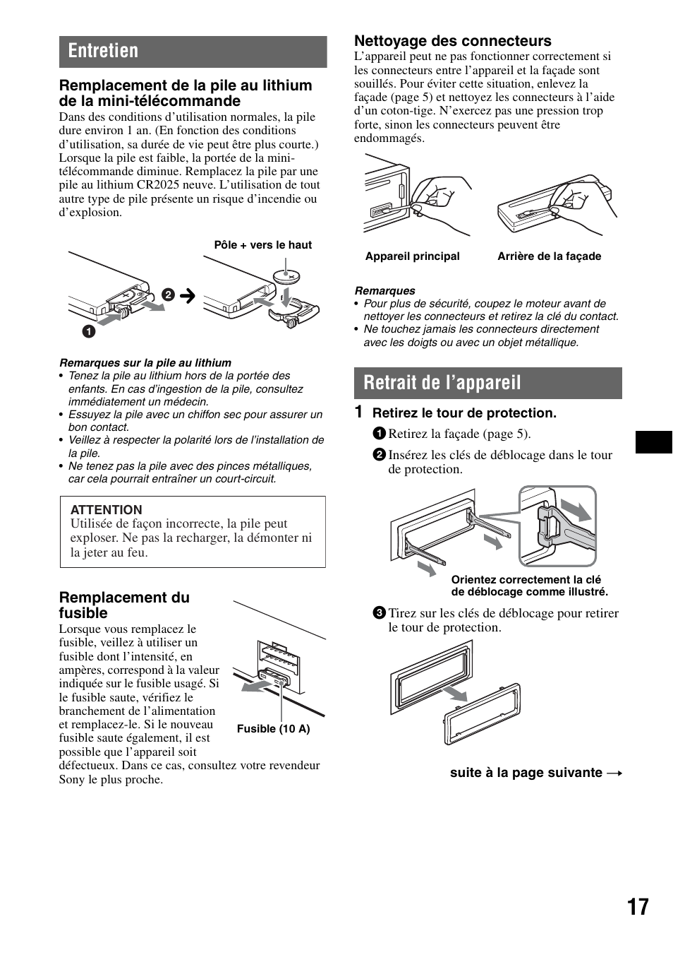 Entretien, Retrait de l’appareil, Entretien retrait de l’appareil | Reportez-vous à la section | Sony CDX-GT44IP User Manual | Page 55 / 100