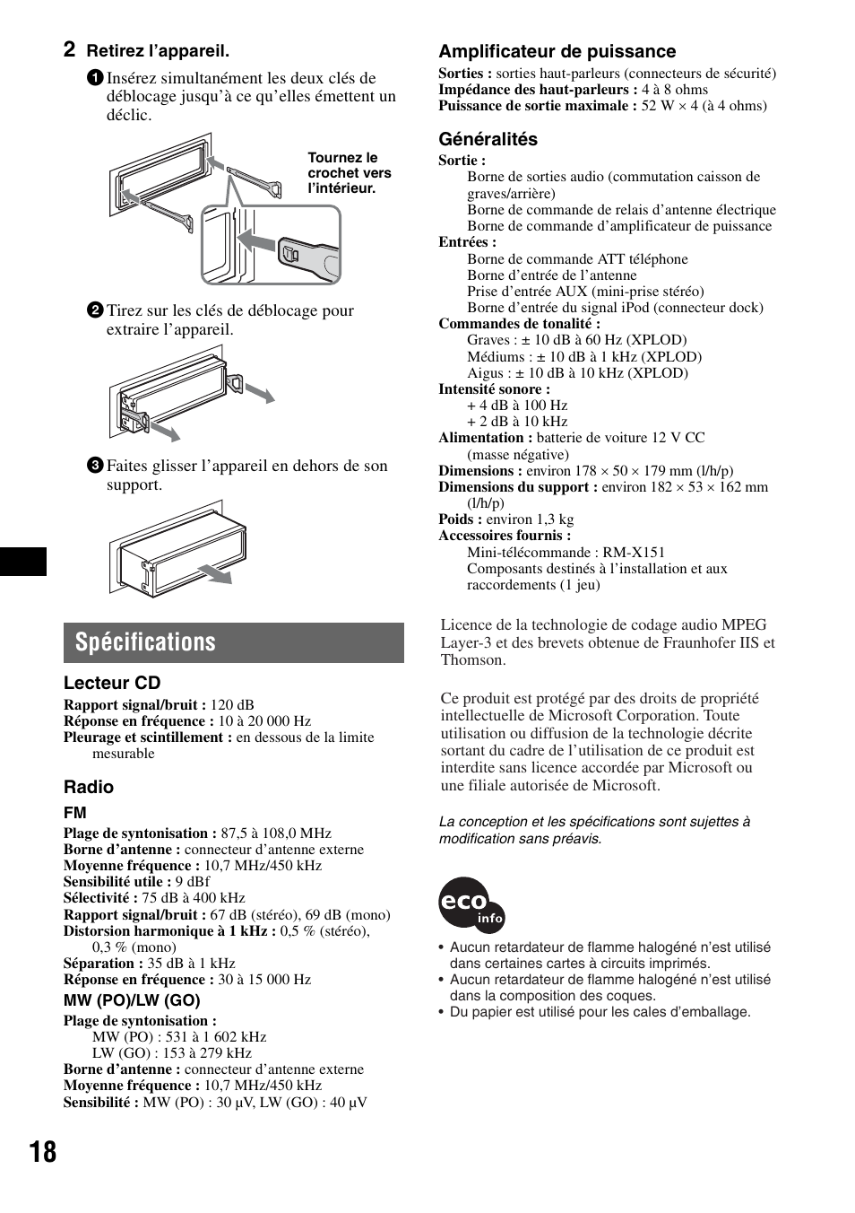 Spécifications | Sony CDX-GT44IP User Manual | Page 56 / 100