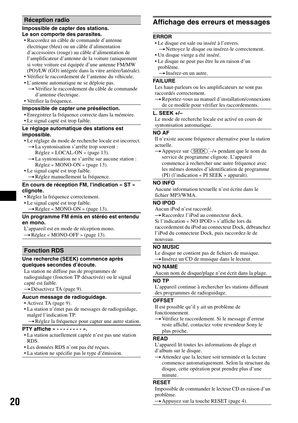 Affichage des erreurs et messages | Sony CDX-GT44IP User Manual | Page 58 / 100