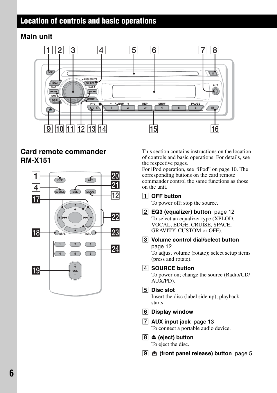 Location of controls and basic operations, Main unit, Card remote commander rm-x151 | Main unit card remote commander rm-x151, 4wa qs 1 wd qj qk w; ql wf ws | Sony CDX-GT44IP User Manual | Page 6 / 100