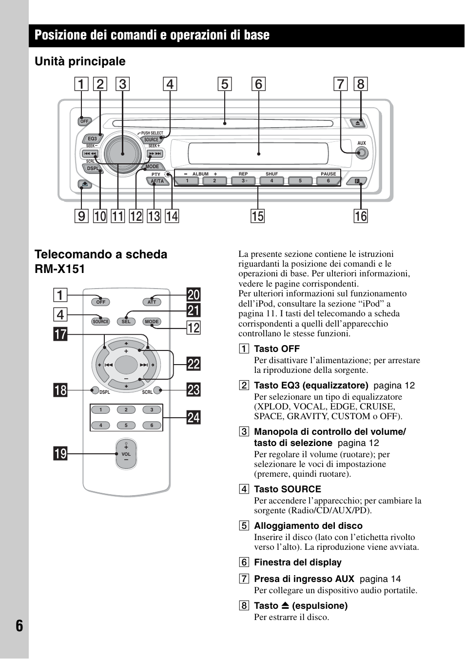 Posizione dei comandi e operazioni di base, Unità principale, Telecomando a scheda rm-x151 | Unità principale telecomando a scheda rm-x151, 4wa qs 1 wd qj qk w; ql wf ws | Sony CDX-GT44IP User Manual | Page 64 / 100