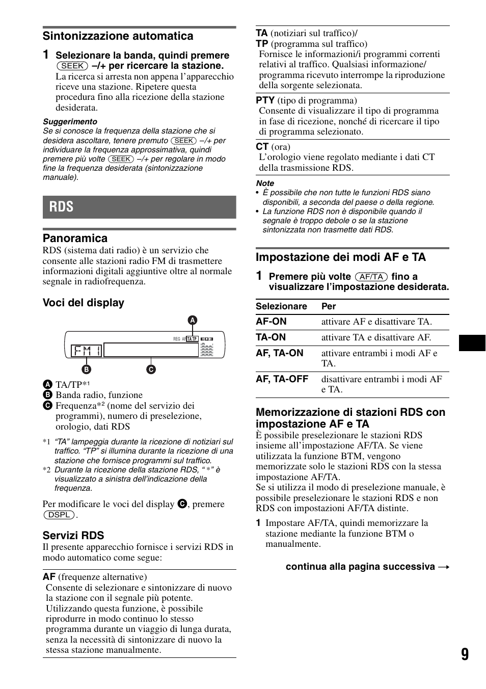 Sintonizzazione automatica, Panoramica, Impostazione dei modi af e ta | Panoramica impostazione dei modi af e ta | Sony CDX-GT44IP User Manual | Page 67 / 100