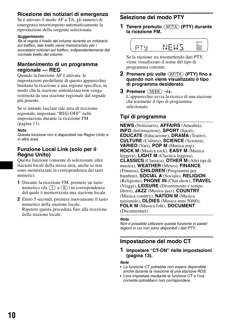 Selezione del modo pty, Impostazione del modo ct, Selezione del modo pty impostazione del modo ct | Sony CDX-GT44IP User Manual | Page 68 / 100