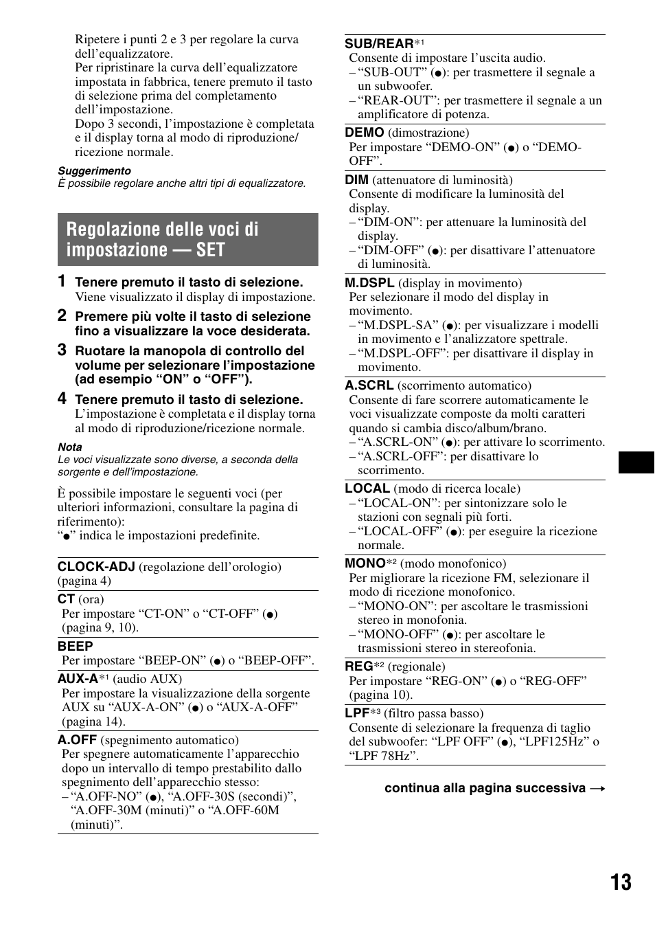 Regolazione delle voci di impostazione - set, Regolazione delle voci di impostazione, Regolazione delle voci di impostazione — set | Sony CDX-GT44IP User Manual | Page 71 / 100