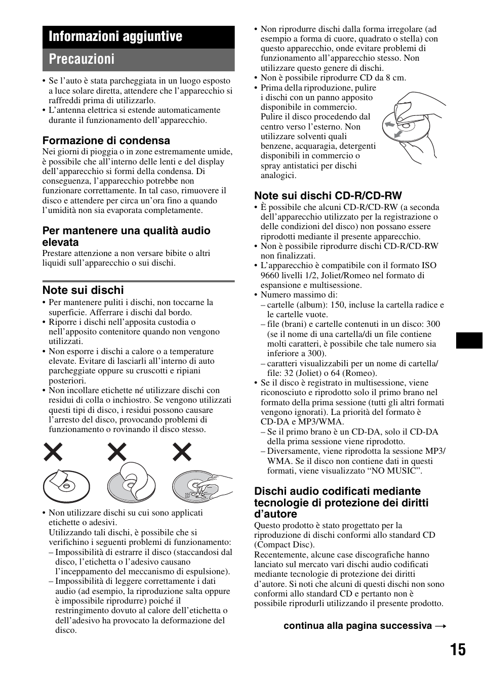 Informazioni aggiuntive, Precauzioni, Note sui dischi | Informazioni aggiuntive precauzioni | Sony CDX-GT44IP User Manual | Page 73 / 100