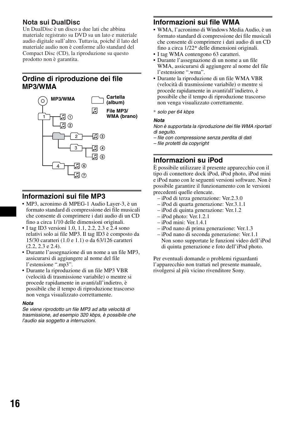 Ordine di riproduzione dei file mp3/wma, Informazioni sui file mp3, Informazioni sui file wma | Informazioni su ipod, Ordine di riproduzione dei file | Sony CDX-GT44IP User Manual | Page 74 / 100