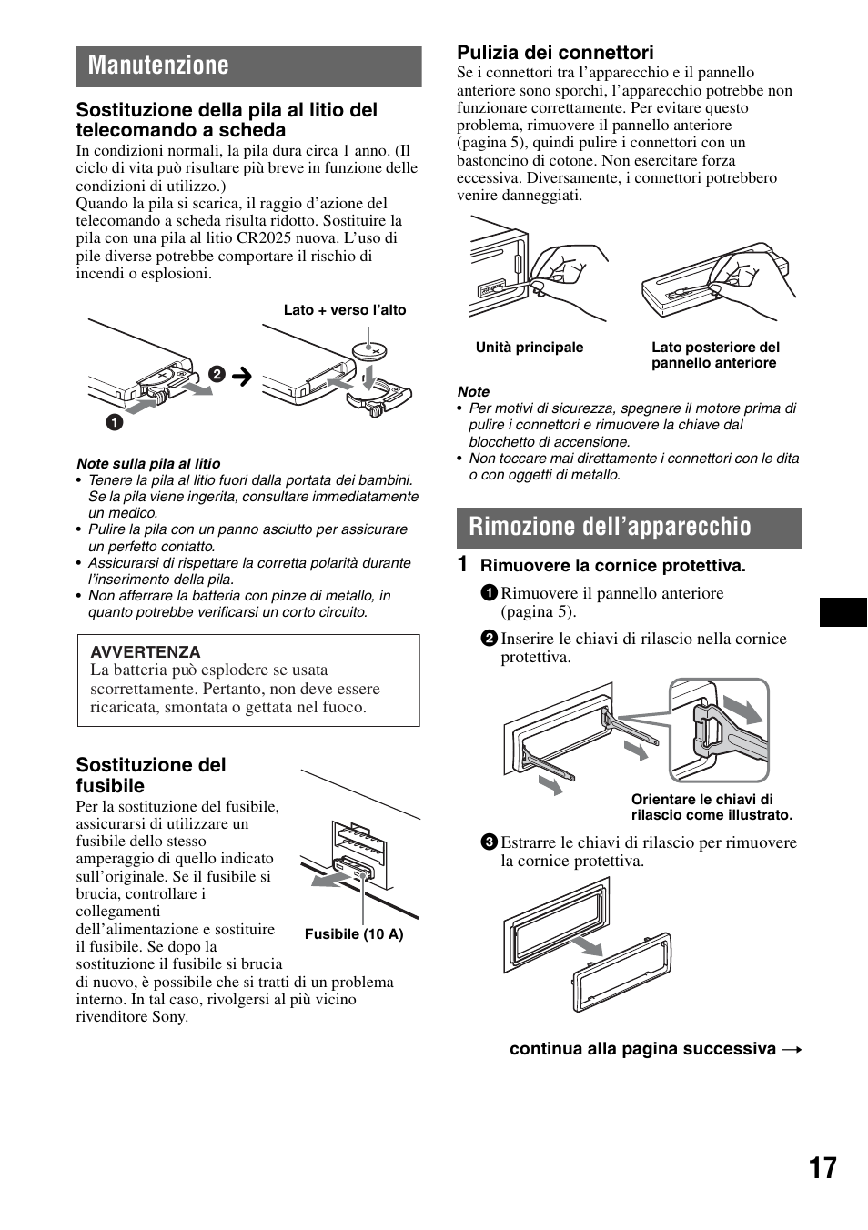 Manutenzione, Rimozione dell’apparecchio, Manutenzione rimozione dell’apparecchio | Sony CDX-GT44IP User Manual | Page 75 / 100