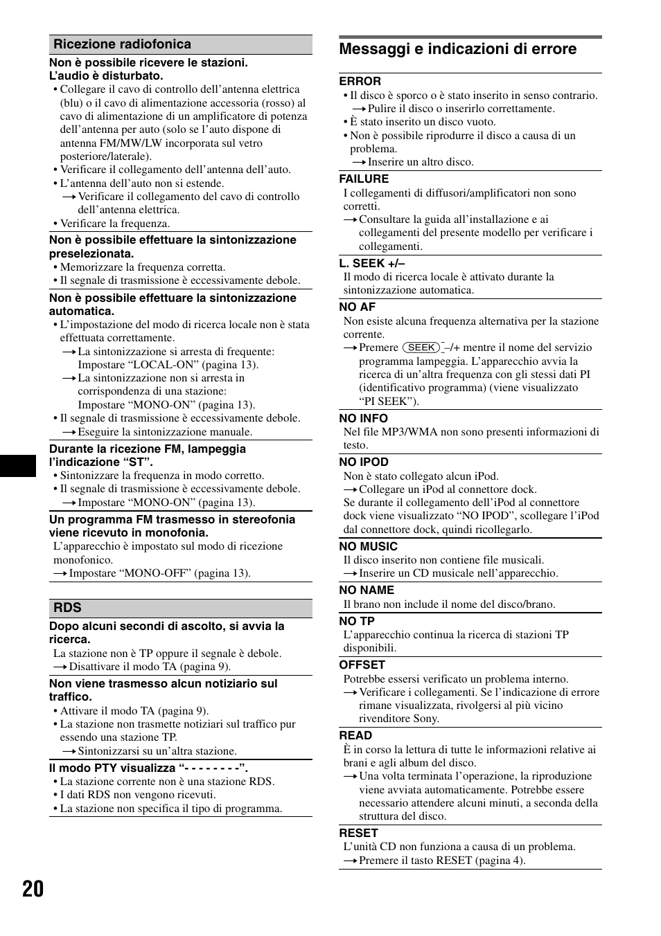 Messaggi e indicazioni di errore | Sony CDX-GT44IP User Manual | Page 78 / 100