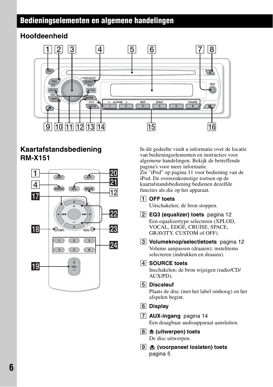 Bedieningselementen en algemene handelingen, Hoofdeenheid, Kaartafstandsbediening rm-x151 | Hoofdeenheid kaartafstandsbediening rm-x151, 4wa qs 1 wd qj qk w; ql wf ws | Sony CDX-GT44IP User Manual | Page 84 / 100