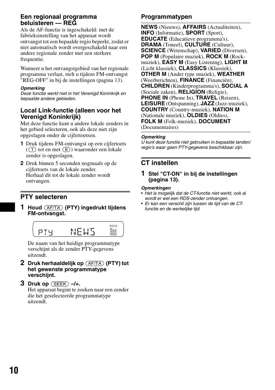 Pty selecteren, Ct instellen, Pty selecteren ct instellen | Sony CDX-GT44IP User Manual | Page 88 / 100