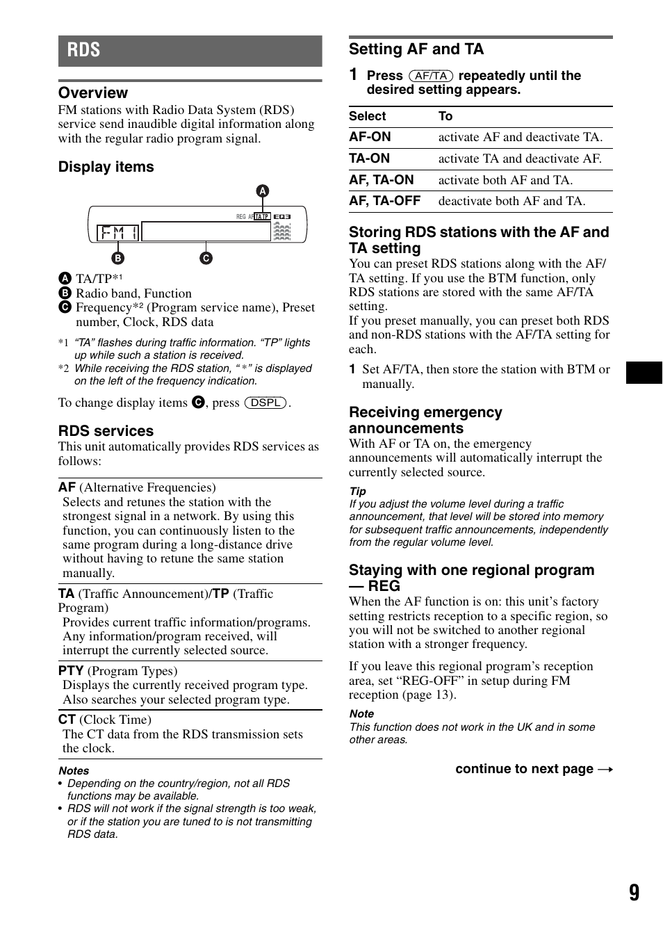 Overview, Setting af and ta, Overview setting af and ta | Sony CDX-GT44IP User Manual | Page 9 / 100