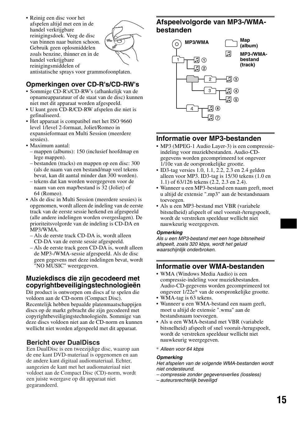 Afspeelvolgorde van mp3-/wma- bestanden, Informatie over mp3-bestanden, Informatie over wma-bestanden | Afspeelvolgorde van, Opmerkingen over cd-r's/cd-rw's, Bericht over dualdiscs | Sony CDX-GT44IP User Manual | Page 93 / 100