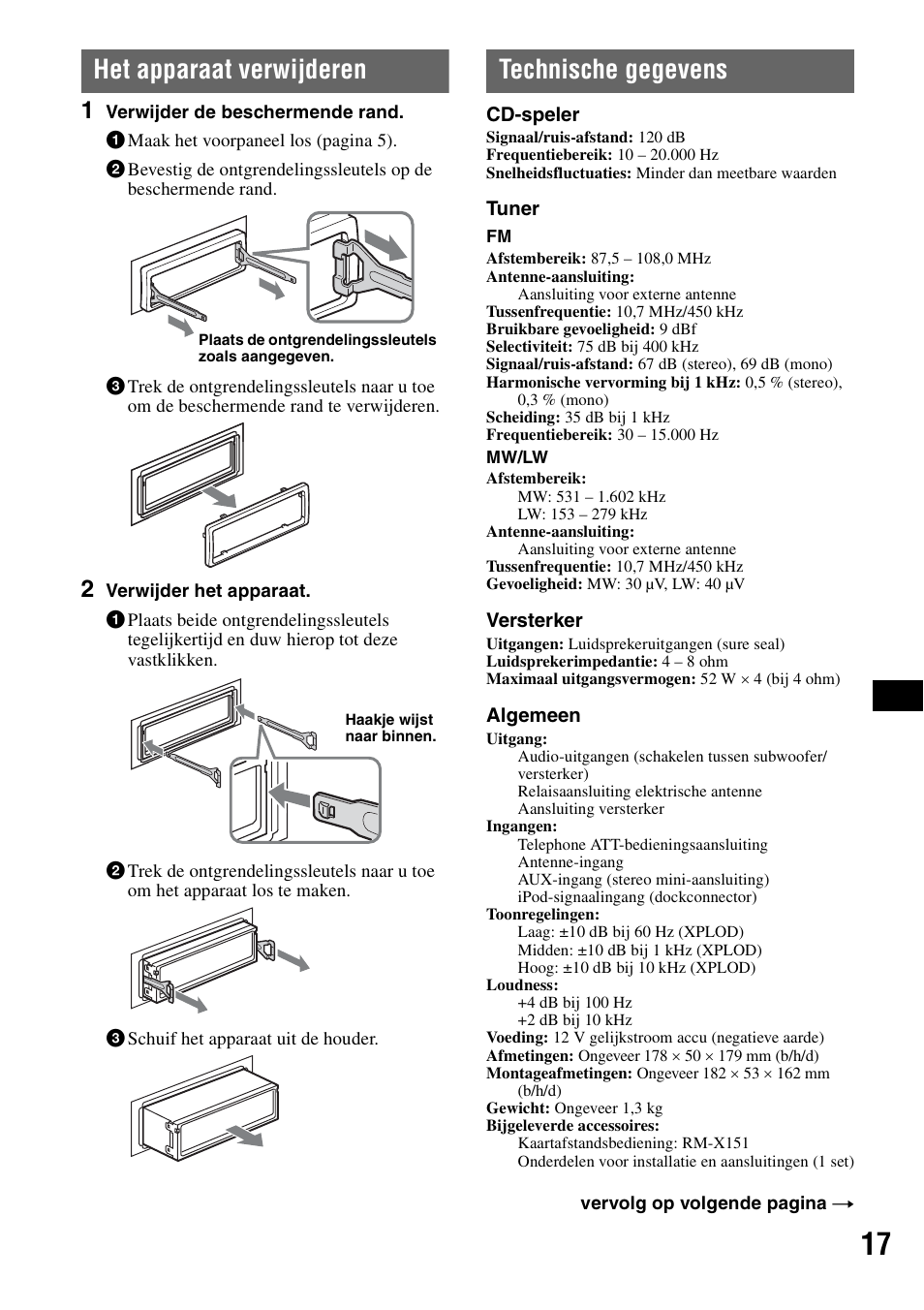 Het apparaat verwijderen, Technische gegevens, Het apparaat verwijderen technische gegevens | Sony CDX-GT44IP User Manual | Page 95 / 100