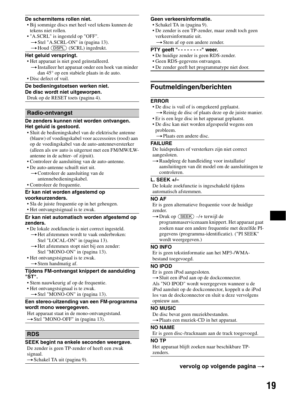 Foutmeldingen/berichten | Sony CDX-GT44IP User Manual | Page 97 / 100