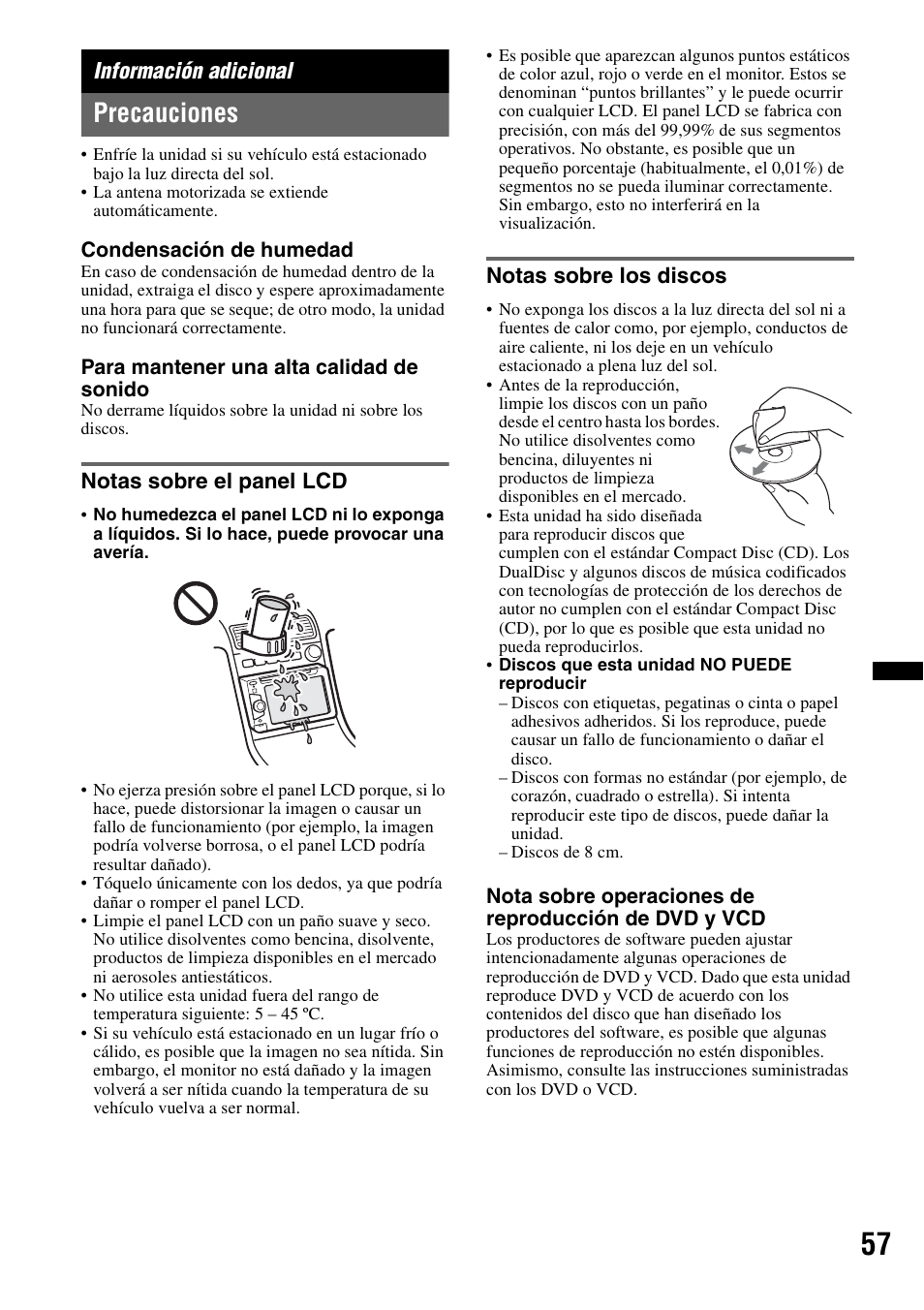 Información adicional, Precauciones, Notas sobre el panel lcd | Notas sobre los discos, Notas sobre el panel lcd notas sobre los discos | Sony XAV-63 User Manual | Page 121 / 208