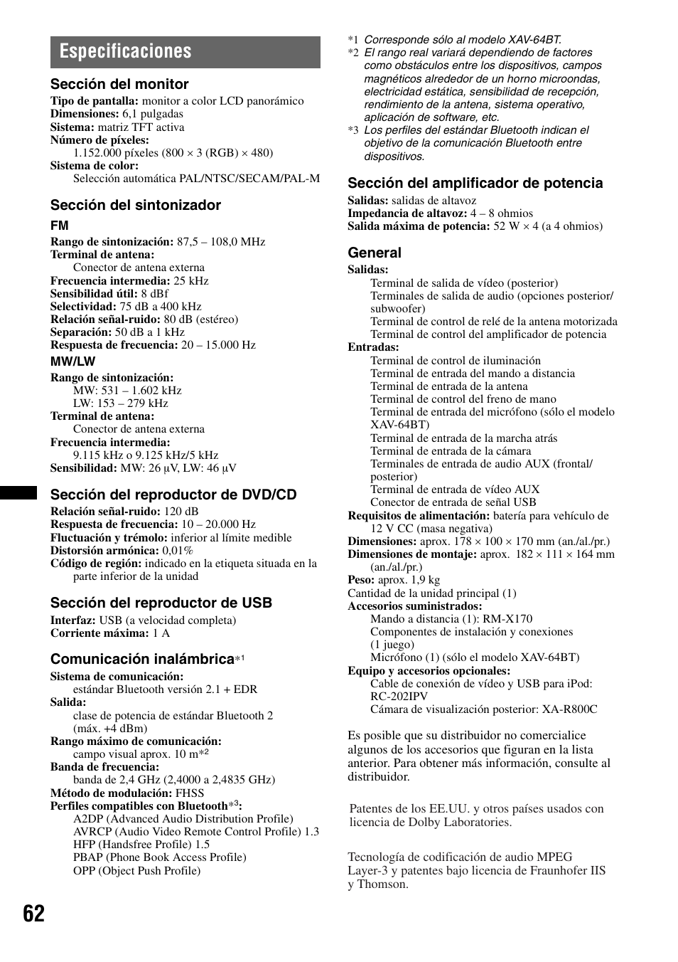 Especificaciones | Sony XAV-63 User Manual | Page 126 / 208