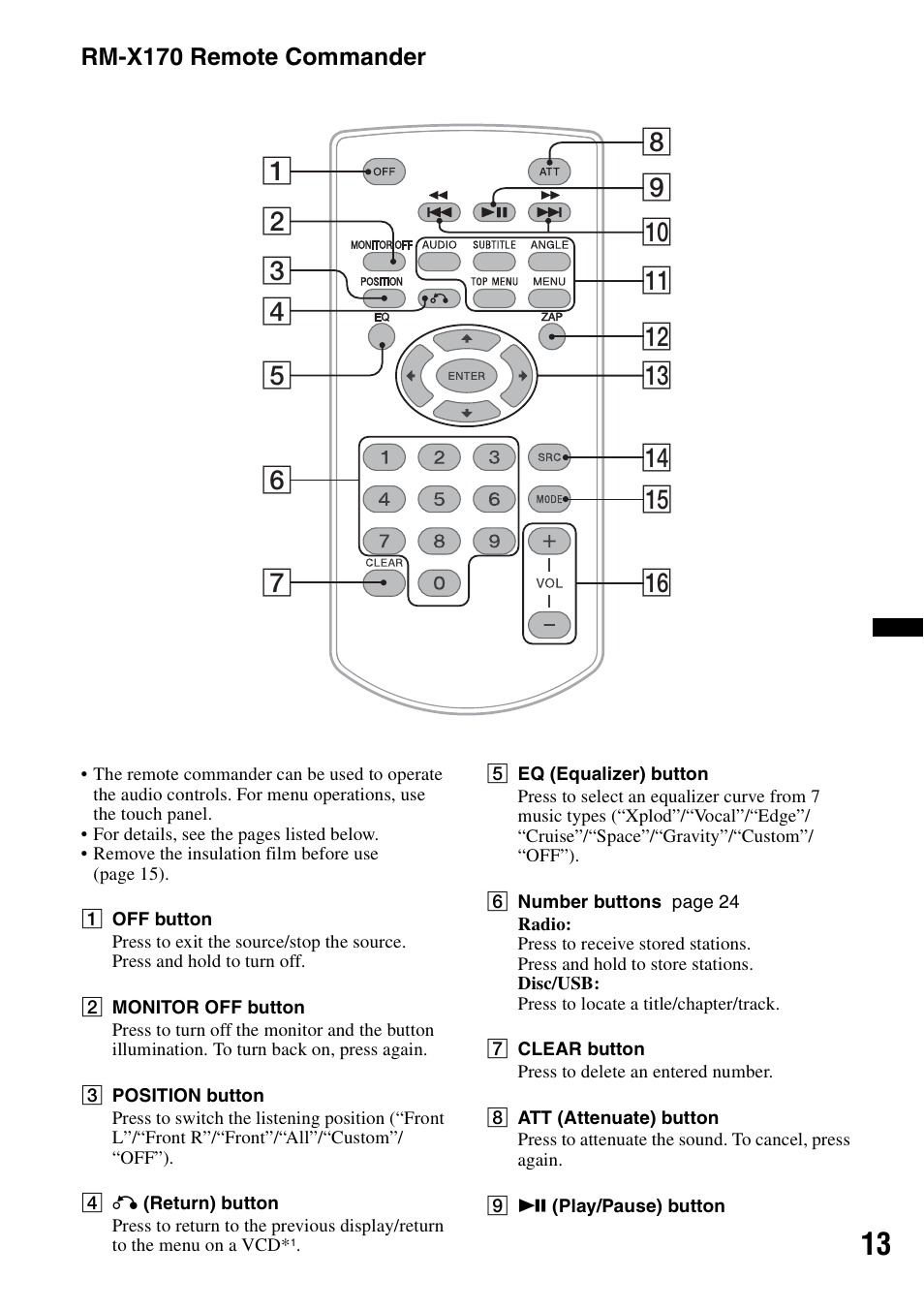 Rm-x170 remote commander | Sony XAV-63 User Manual | Page 13 / 208