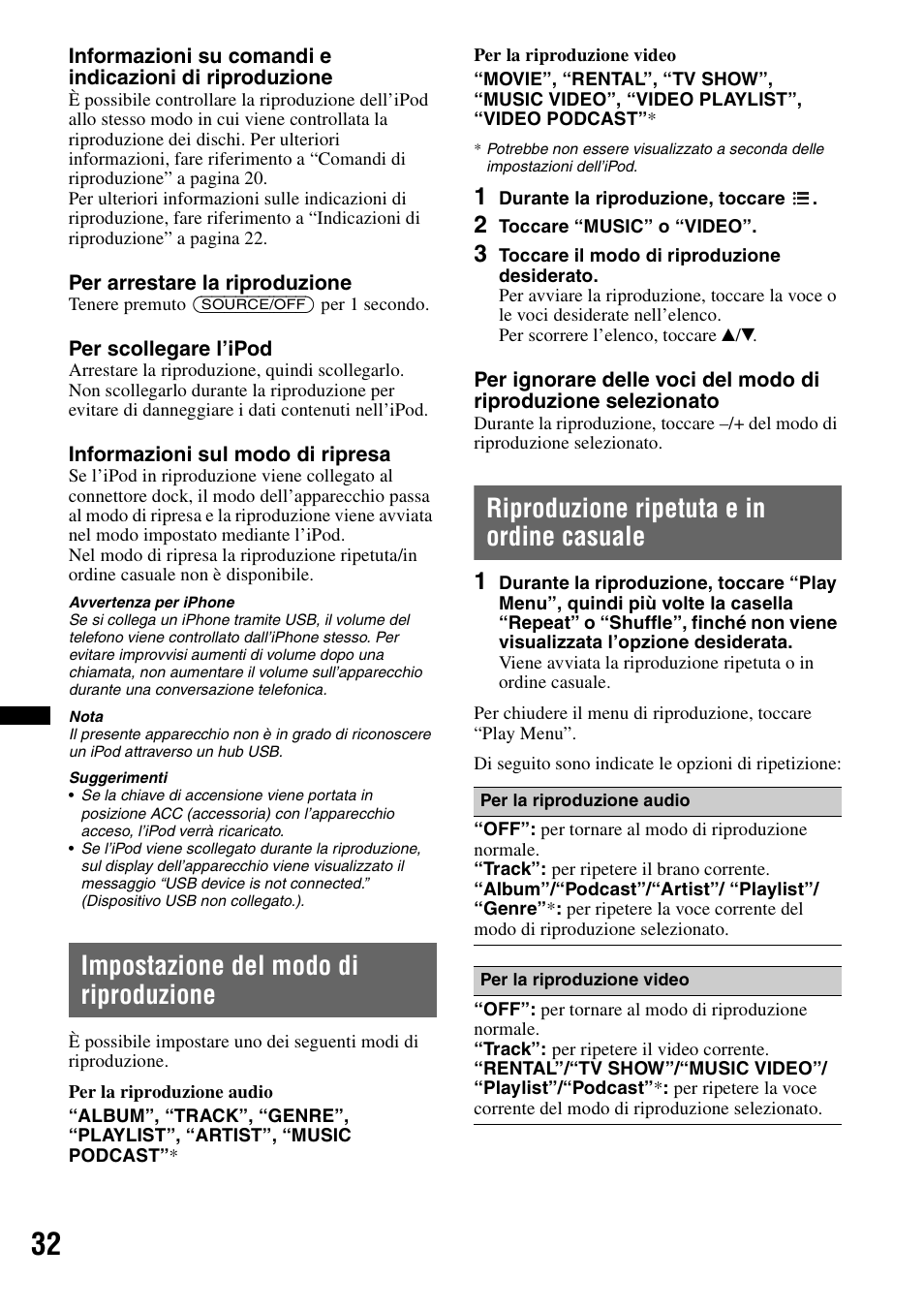 Impostazione del modo di riproduzione, Riproduzione ripetuta e in ordine casuale | Sony XAV-63 User Manual | Page 164 / 208