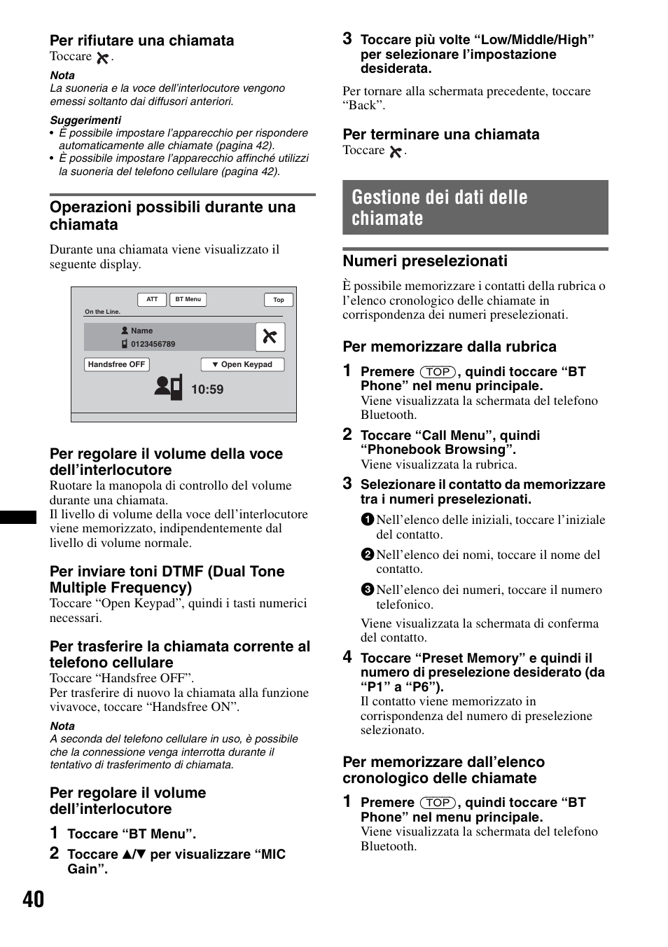 Operazioni possibili durante una chiamata, Gestione dei dati delle chiamate, Numeri preselezionati | Sony XAV-63 User Manual | Page 172 / 208