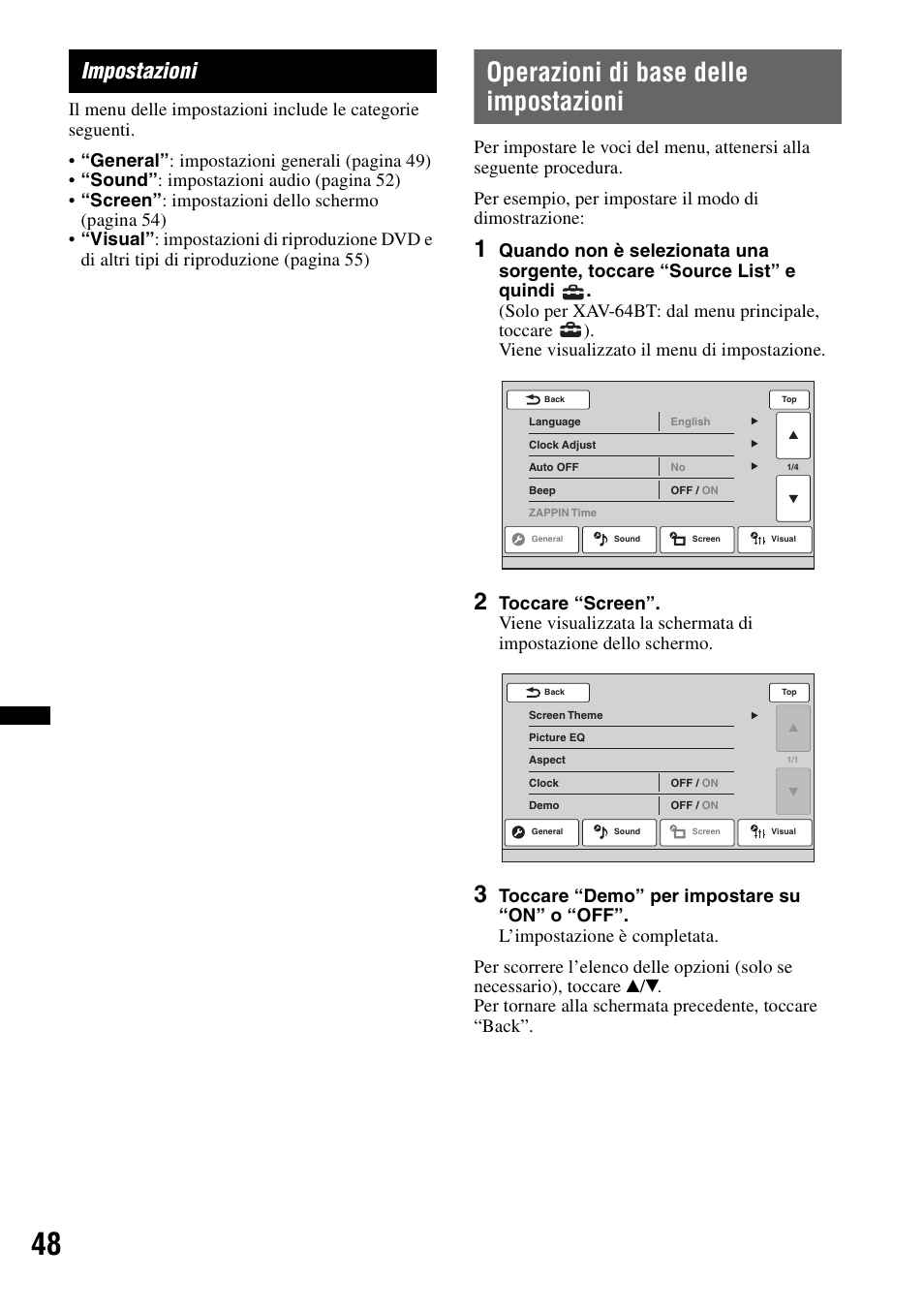 Impostazioni, Operazioni di base delle impostazioni | Sony XAV-63 User Manual | Page 180 / 208