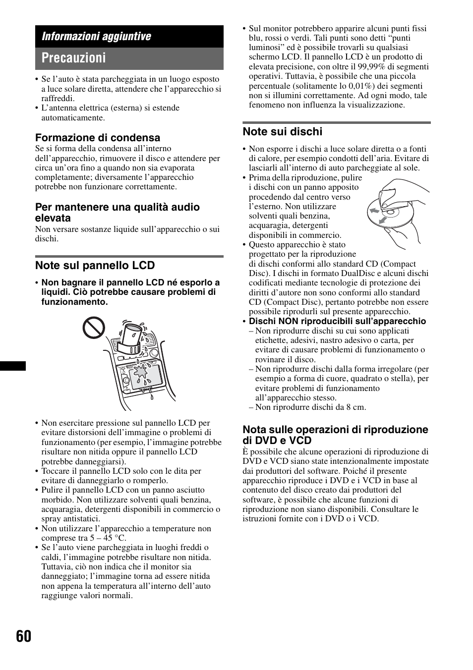 Informazioni aggiuntive, Precauzioni, Note sul pannello lcd | Note sui dischi, Note sul pannello lcd note sui dischi | Sony XAV-63 User Manual | Page 192 / 208