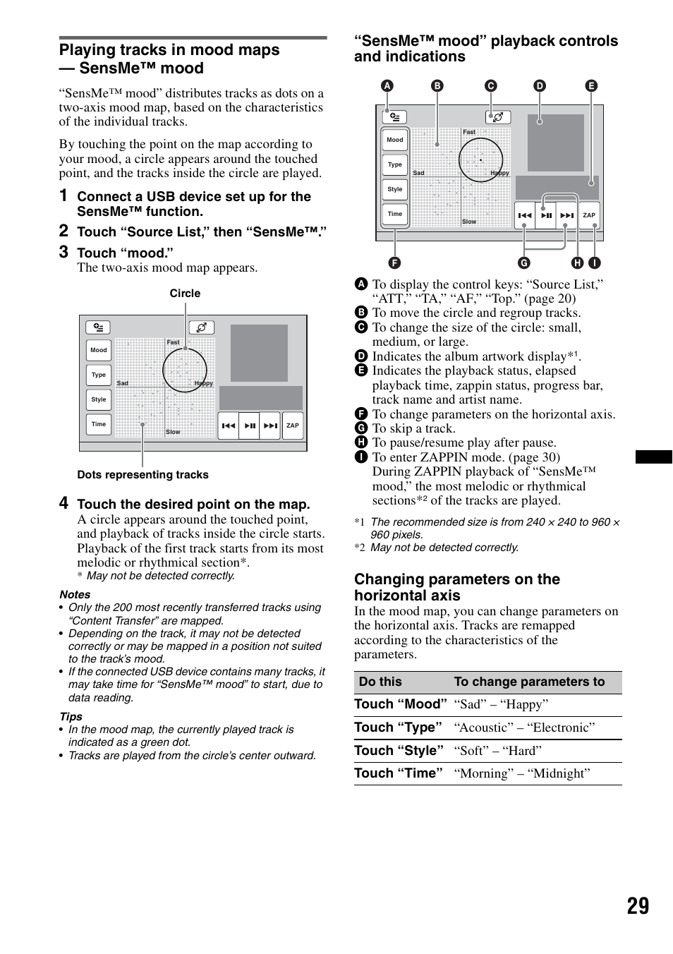 Playing tracks in mood maps - sensme™ mood, Playing tracks in mood maps — sensme™ mood, Sensme™ mood” playback controls and indications | Changing parameters on the horizontal axis | Sony XAV-63 User Manual | Page 29 / 208