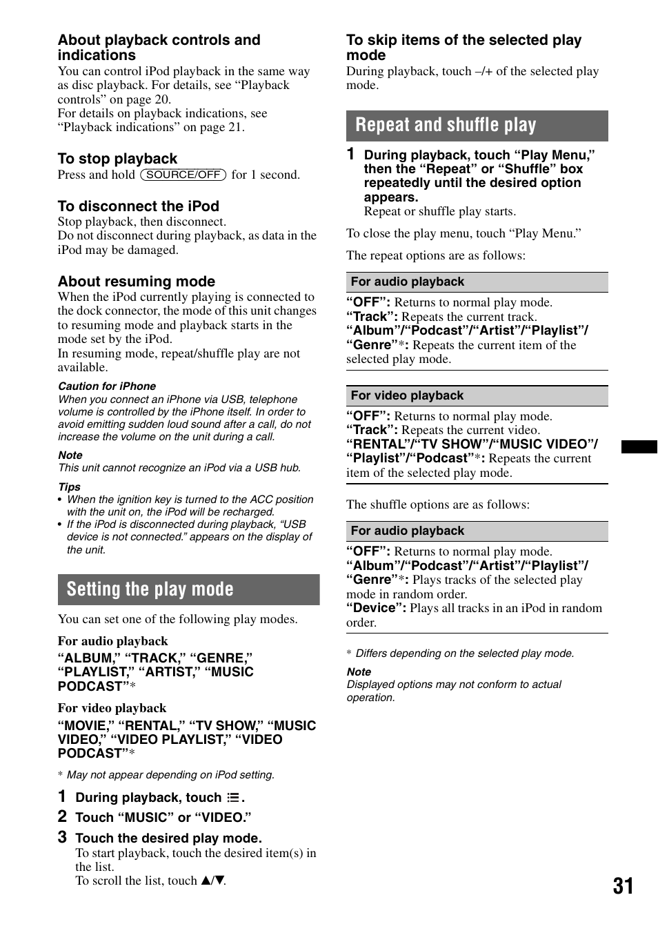 Setting the play mode, Repeat and shuffle play | Sony XAV-63 User Manual | Page 31 / 208