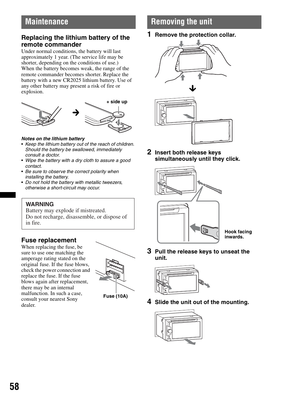 Maintenance, Removing the unit | Sony XAV-63 User Manual | Page 58 / 208