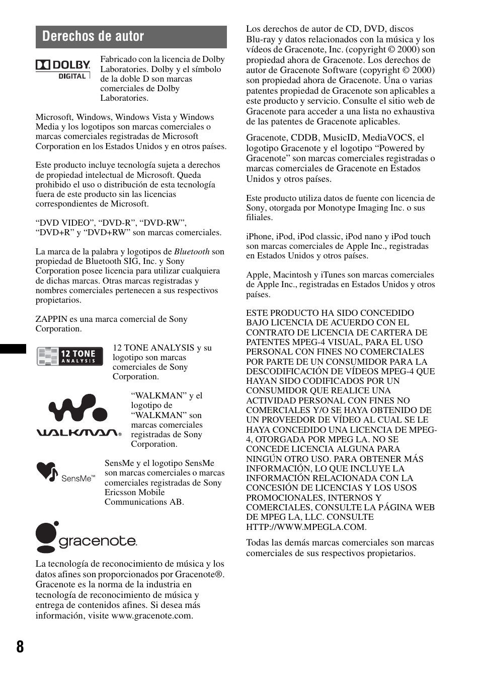 Derechos de autor | Sony XAV-63 User Manual | Page 72 / 208