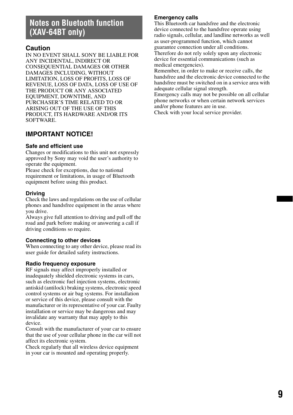 Notes on bluetooth function (xav-64bt only) | Sony XAV-63 User Manual | Page 9 / 208