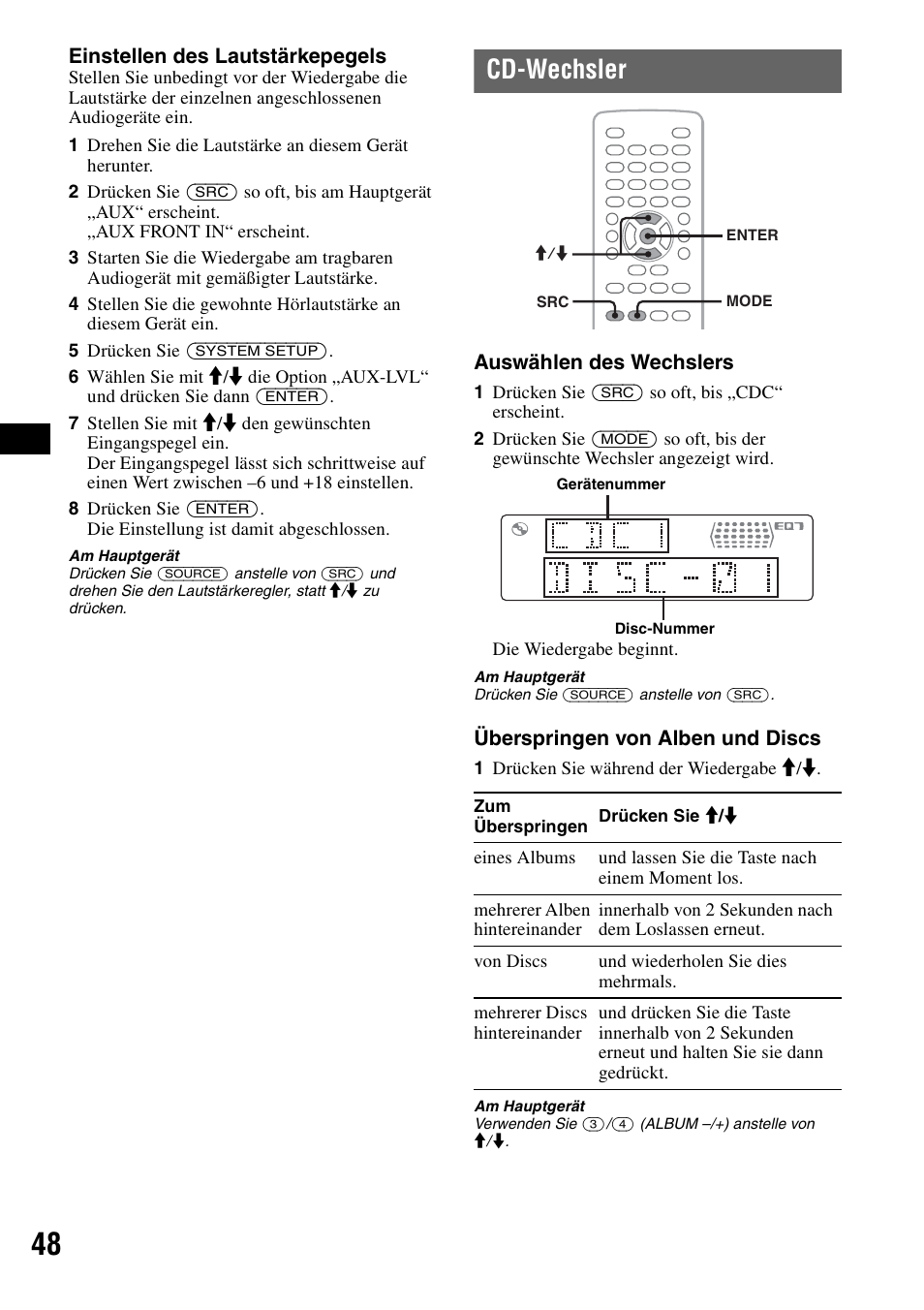 Cd-wechsler, Seite 48), Einstellen des lautstärkepegels | Auswählen des wechslers, Überspringen von alben und discs | Sony MEX-DV1000 User Manual | Page 104 / 300