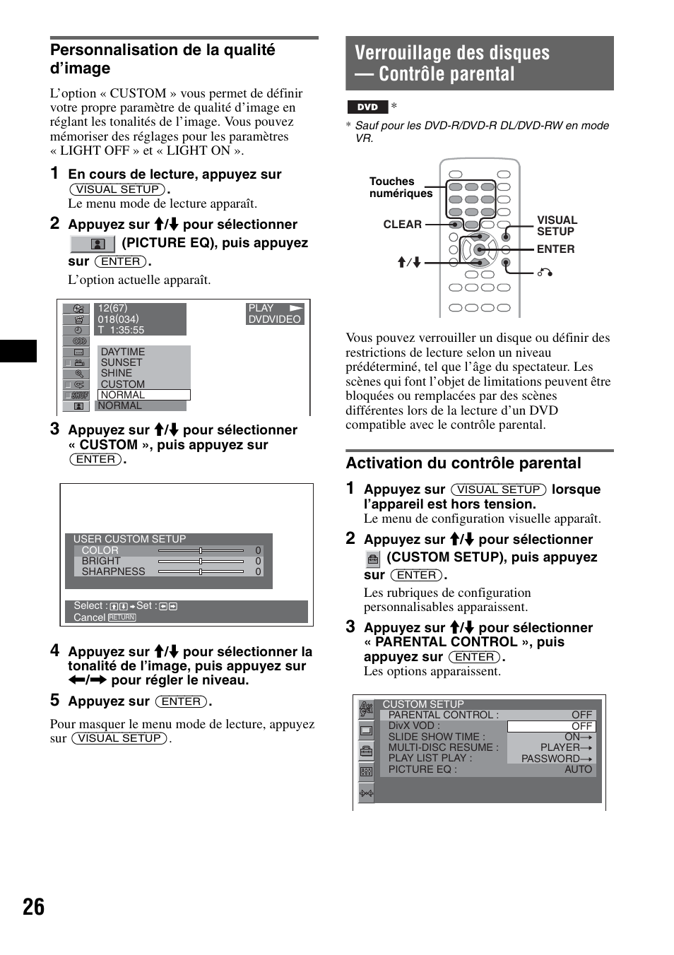 Personnalisation de la qualité d’image, Verrouillage des disques - contrôle parental, Activation du contrôle parental | Verrouillage des disques — contrôle parental | Sony MEX-DV1000 User Manual | Page 144 / 300