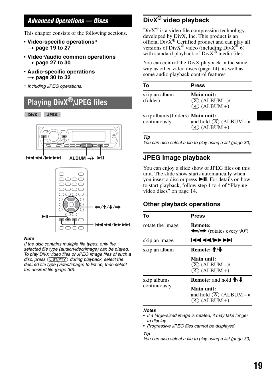 Advanced operations - discs, Playing divx®/jpeg files, Divx® video playback | Jpeg image playback, Advanced operations — discs, Playing divx, Jpeg files, Divx, Video playback | Sony MEX-DV1000 User Manual | Page 19 / 300